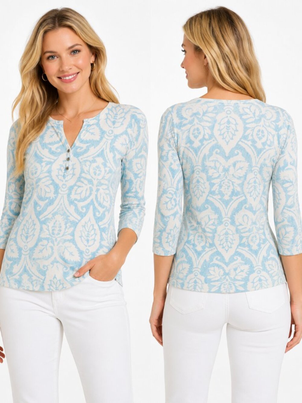 J.McLaughlin Damask Print Henley Knit Top Women Blue White 3/4 Sleeve Size M